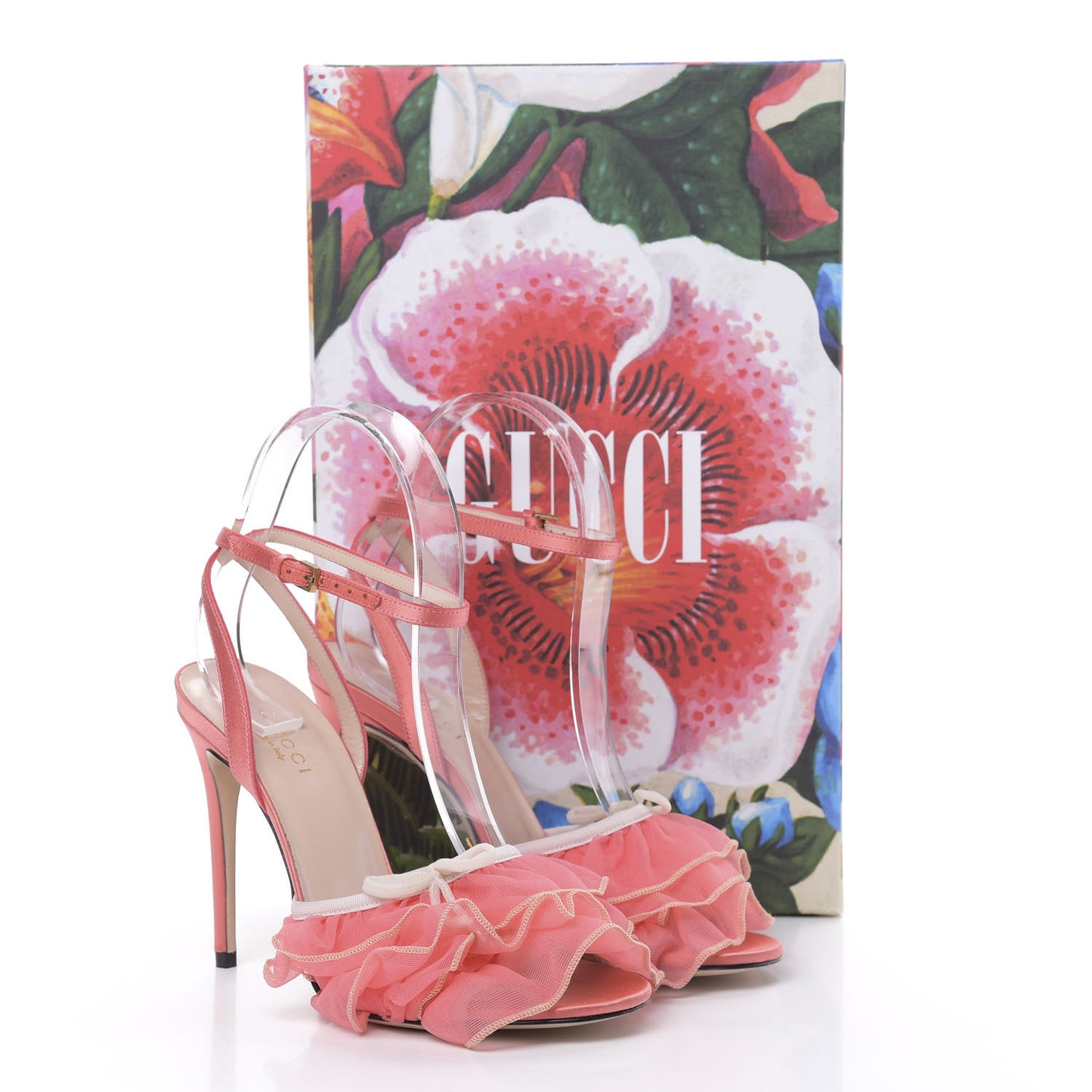 Tulle Ruffle High Heel Slingback Sandals 35.5 Peach White