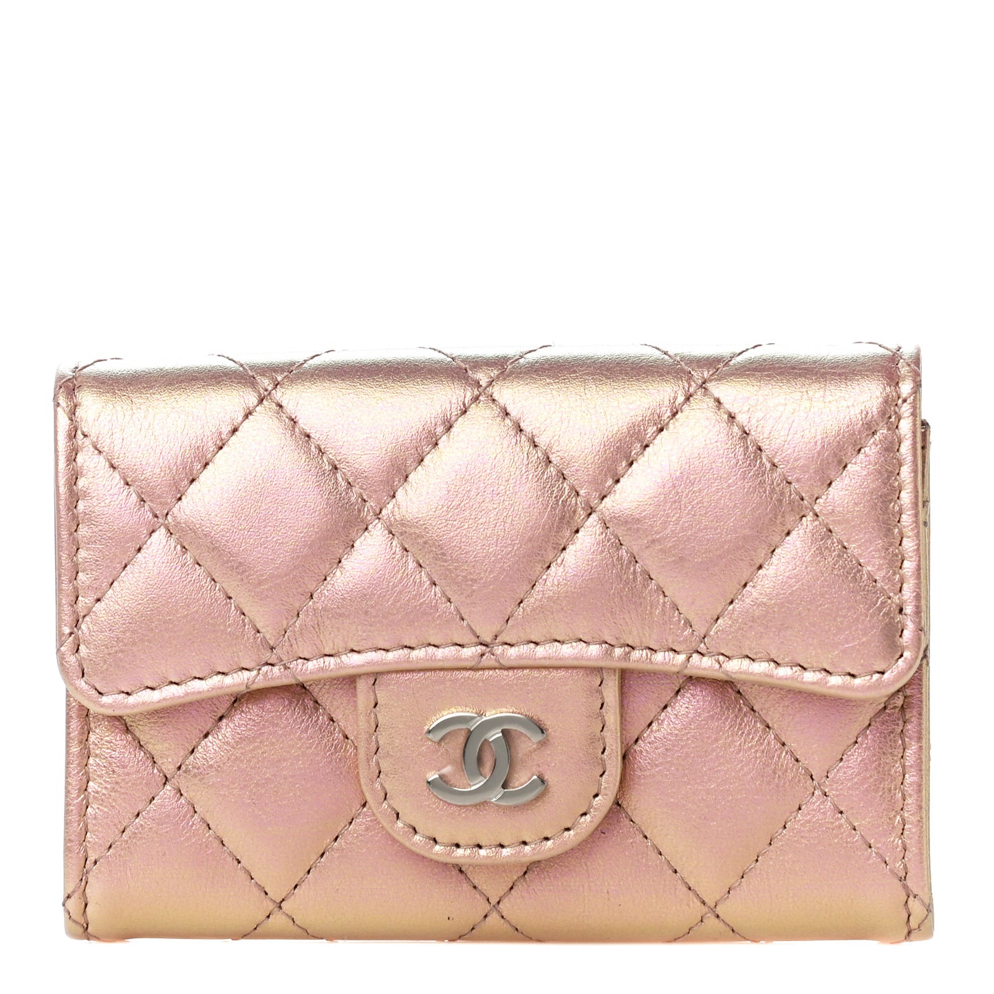 Iridescent Calfskin Quilted Flap Card Holder Wallet Pink