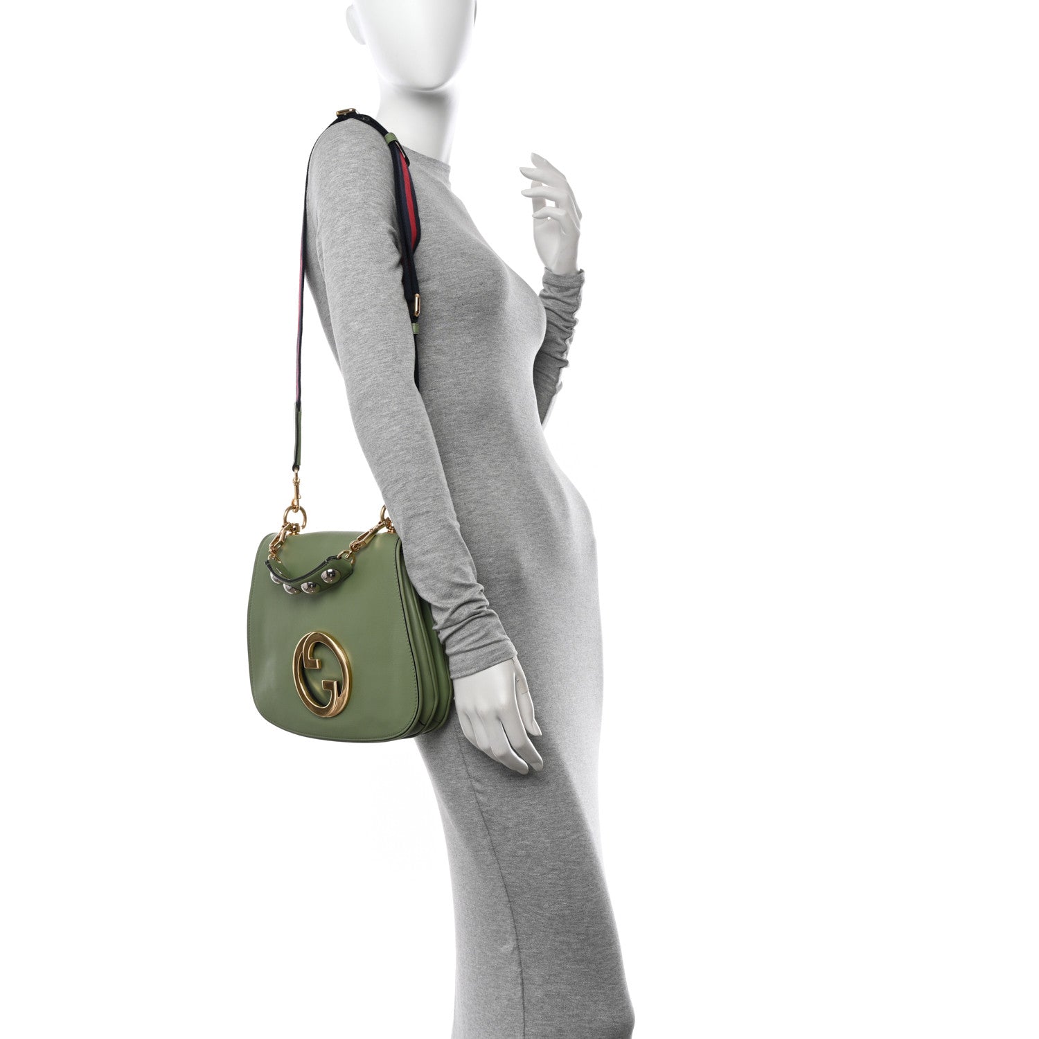 Gucci Roxy Calfskin Web Medium Blondie Top Handle Shoulder Flap Bag Salamander Green 2 of 12