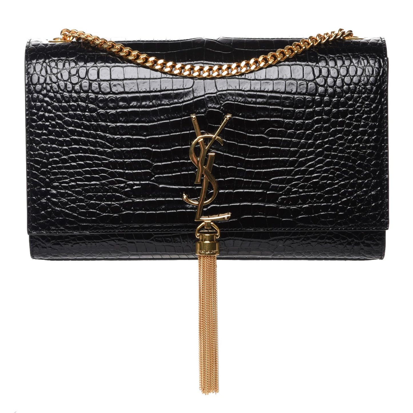 Calfskin Crocodile Embossed Medium Classic Monogram Kate Tassel Satchel Black