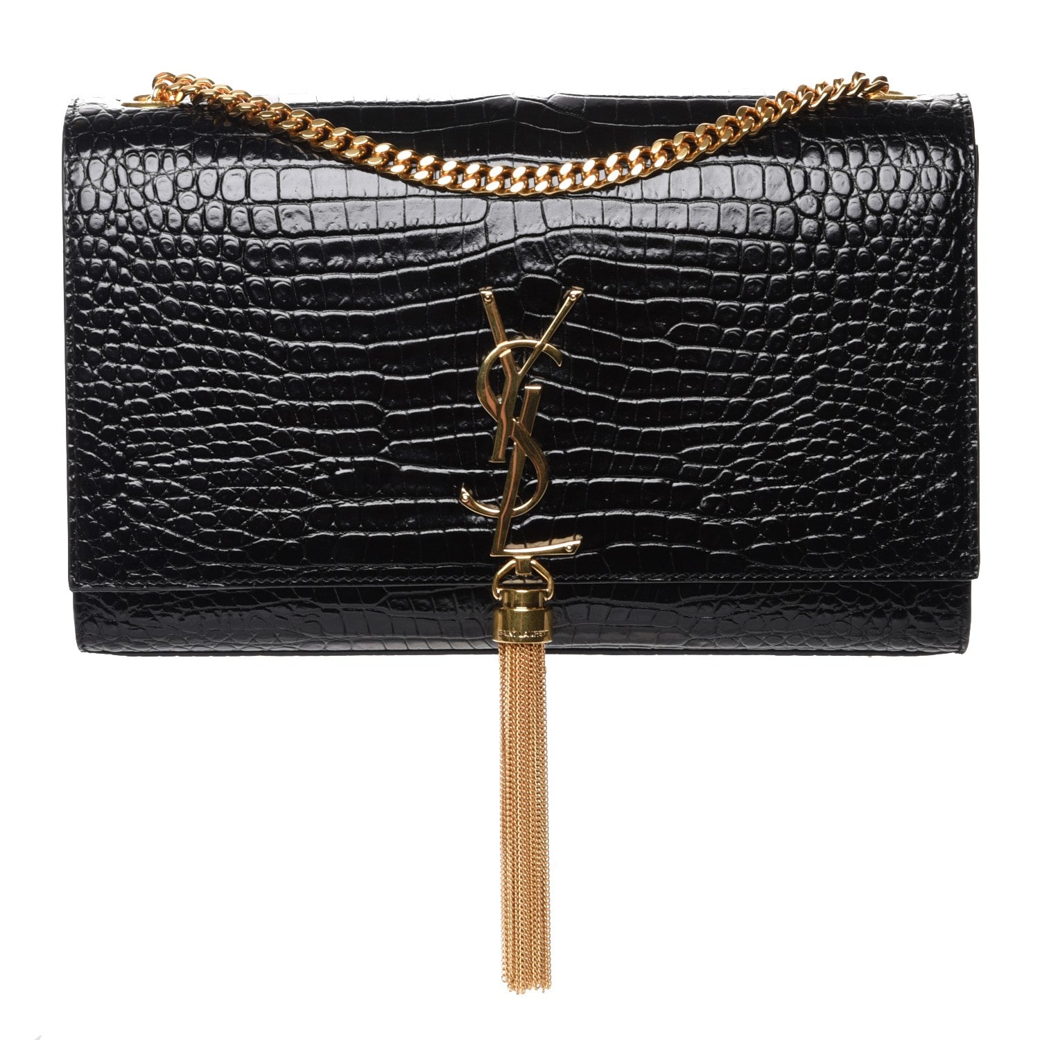 Saint Laurent Calfskin Crocodile Embossed Medium Classic Monogram Kate Tassel Satchel Black 1 of 8
