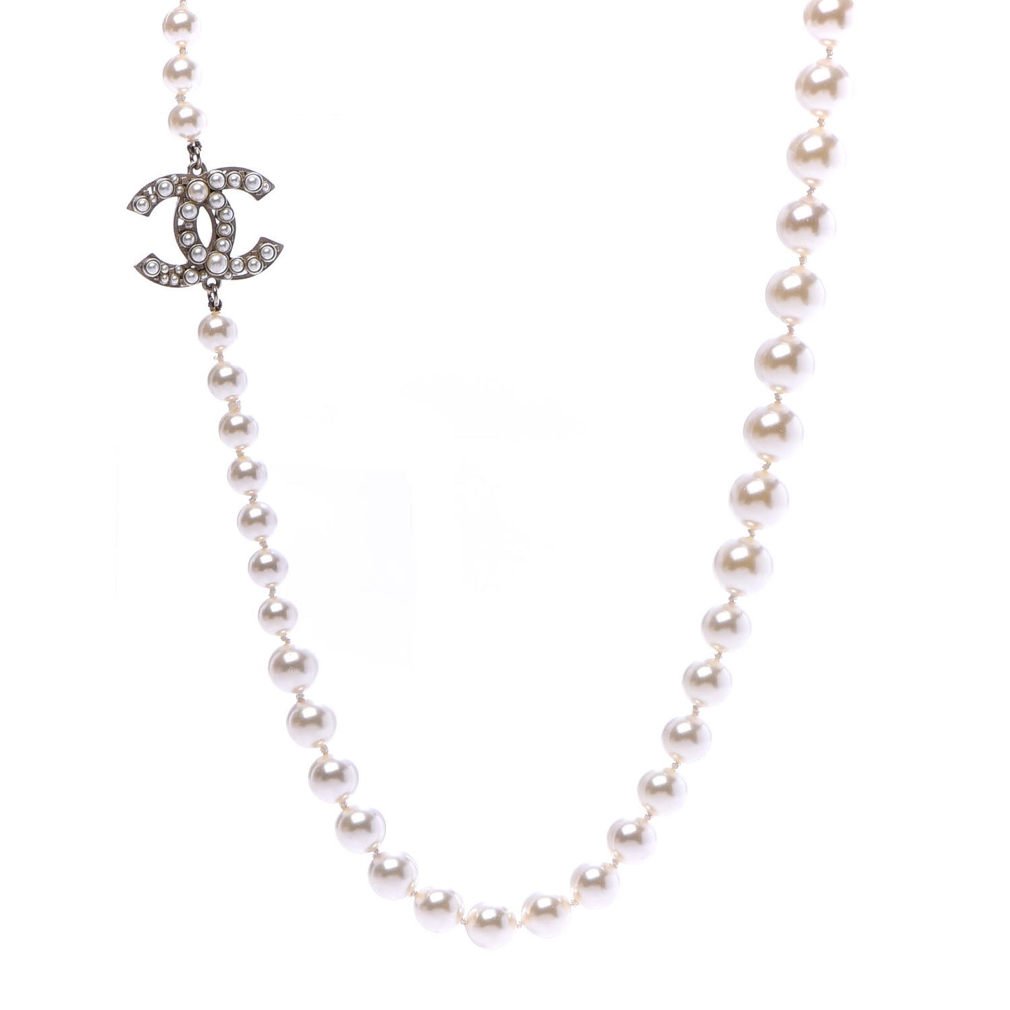 Graduated Pearl CC Long Necklace Light Gold