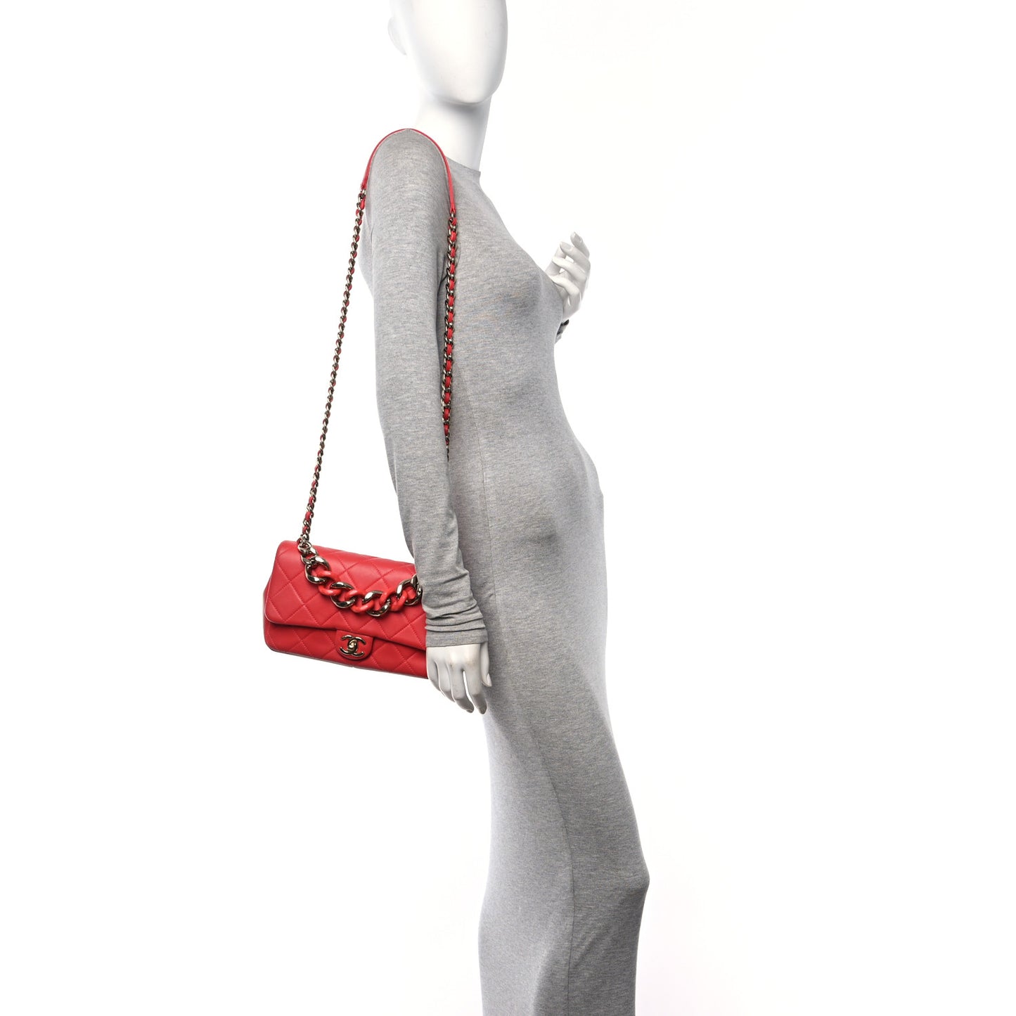 Lambskin Quilted Resin Bi-Color Chain Flap Bag Red