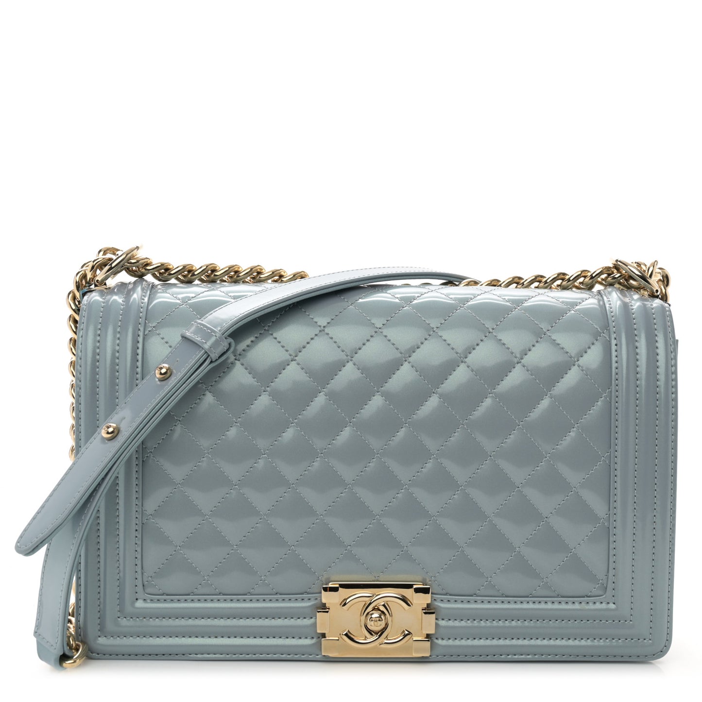 Iridescent Glazed Calfskin Quilted New Medium Boy Flap Light Blue