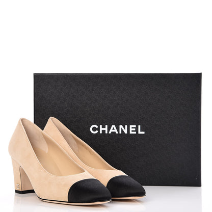 Chanel Suede Satin Cap Toe Low Heel Pumps 39 Beige Black 10 of 10