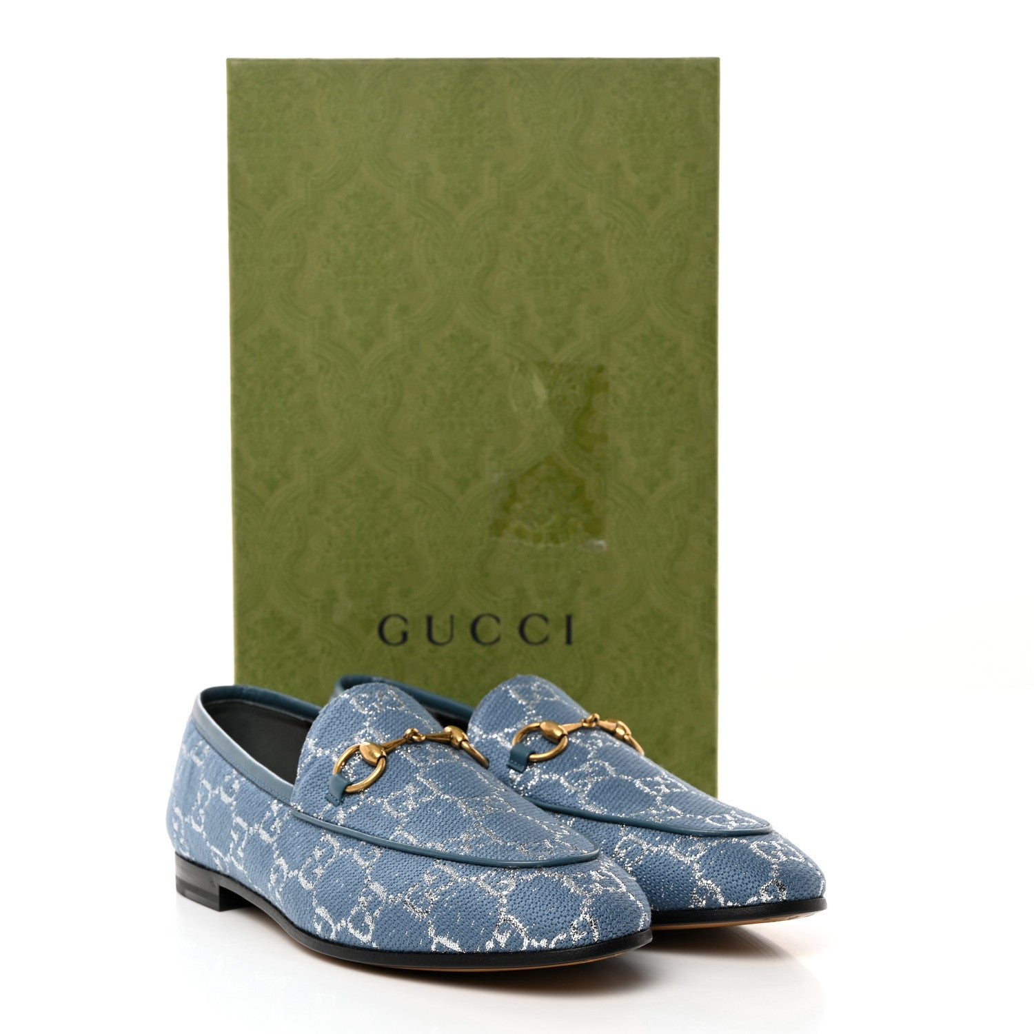 Gucci Canvas Lame GG Monogram Horsebit Womens Jordaan Loafers 37 Blue Silver Cornflower Blue 9 of 9