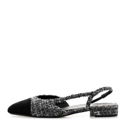 Chanel Tweed Corduroy Cap Toe Slingback Flats 41 Grey Black 1 of 8