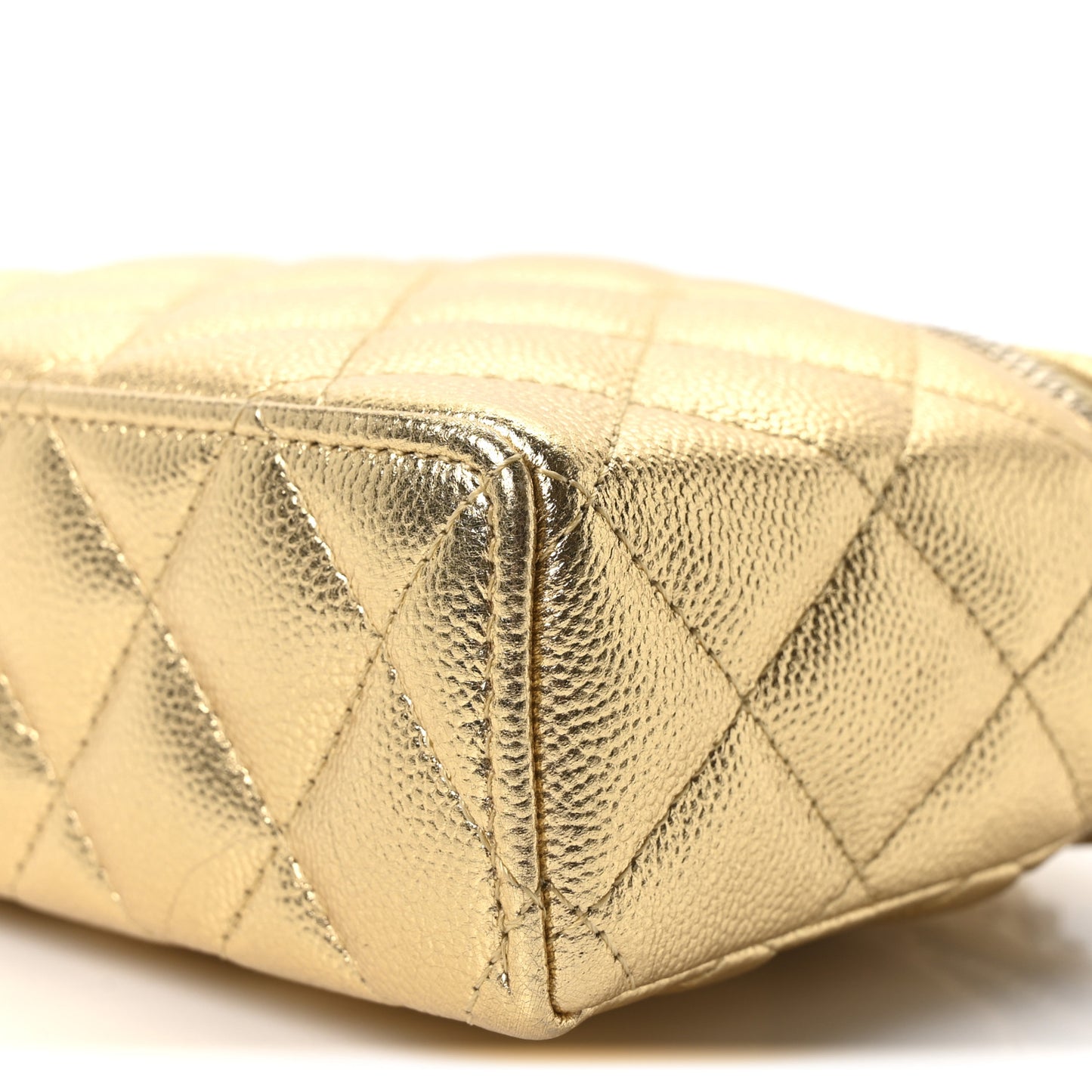 Metallic Caviar Quilted Top Handle Slim Vanity With Chain Gold