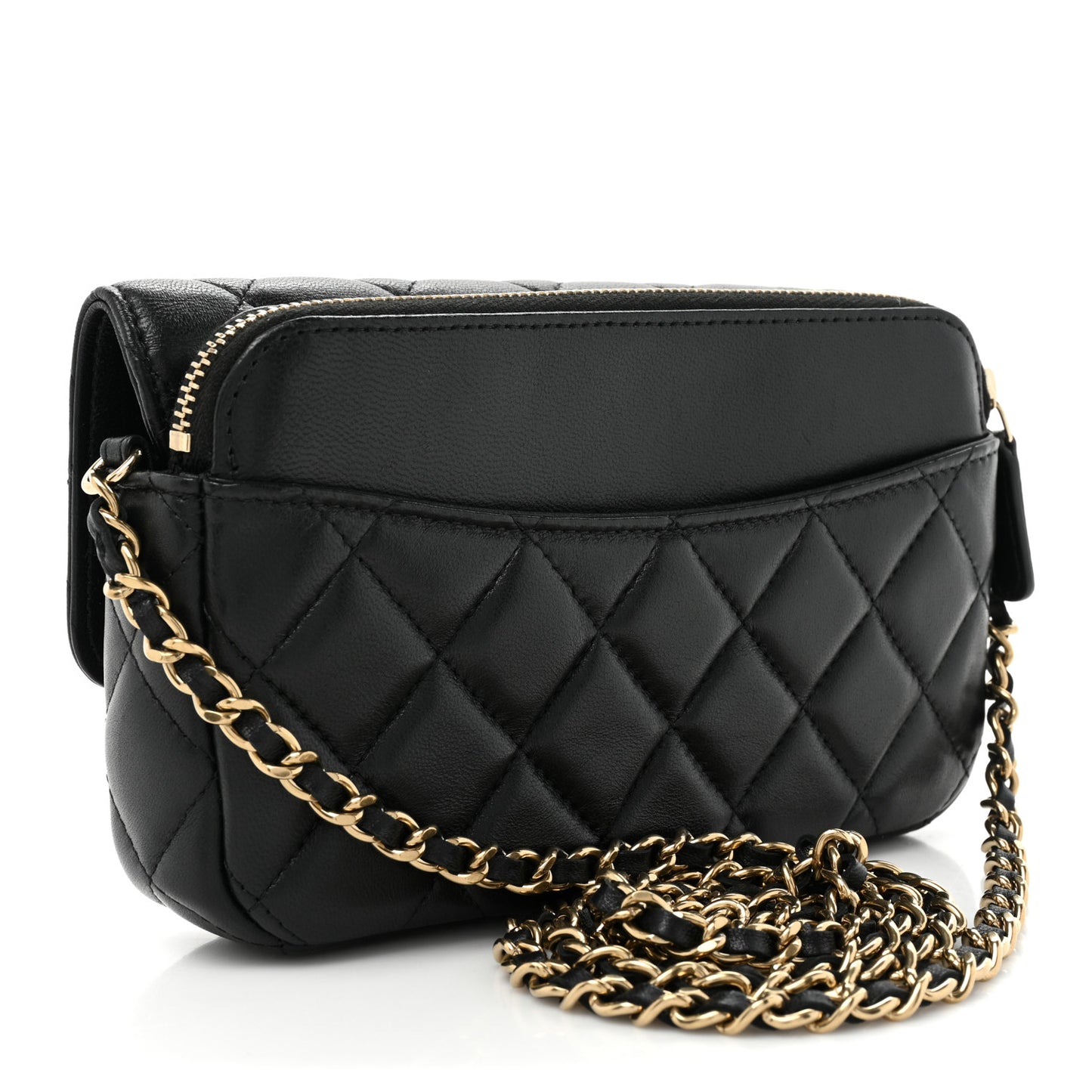 Lambskin Quilted Flap Phone Holder With Chain Black