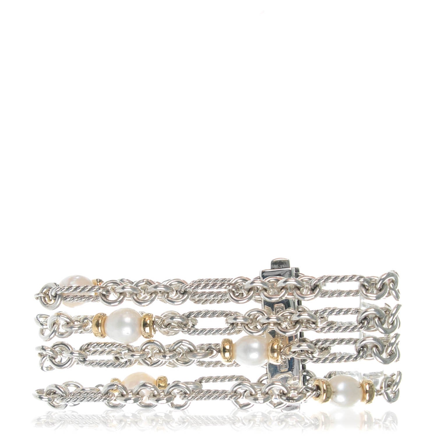 David Yurman Sterling Silver 18K Yellow Gold Pearl 10mm Four-Row Chain Bracelet 1 of 5