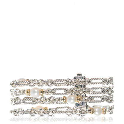 David Yurman Sterling Silver 18K Yellow Gold Pearl 10mm Four-Row Chain Bracelet 1 of 5