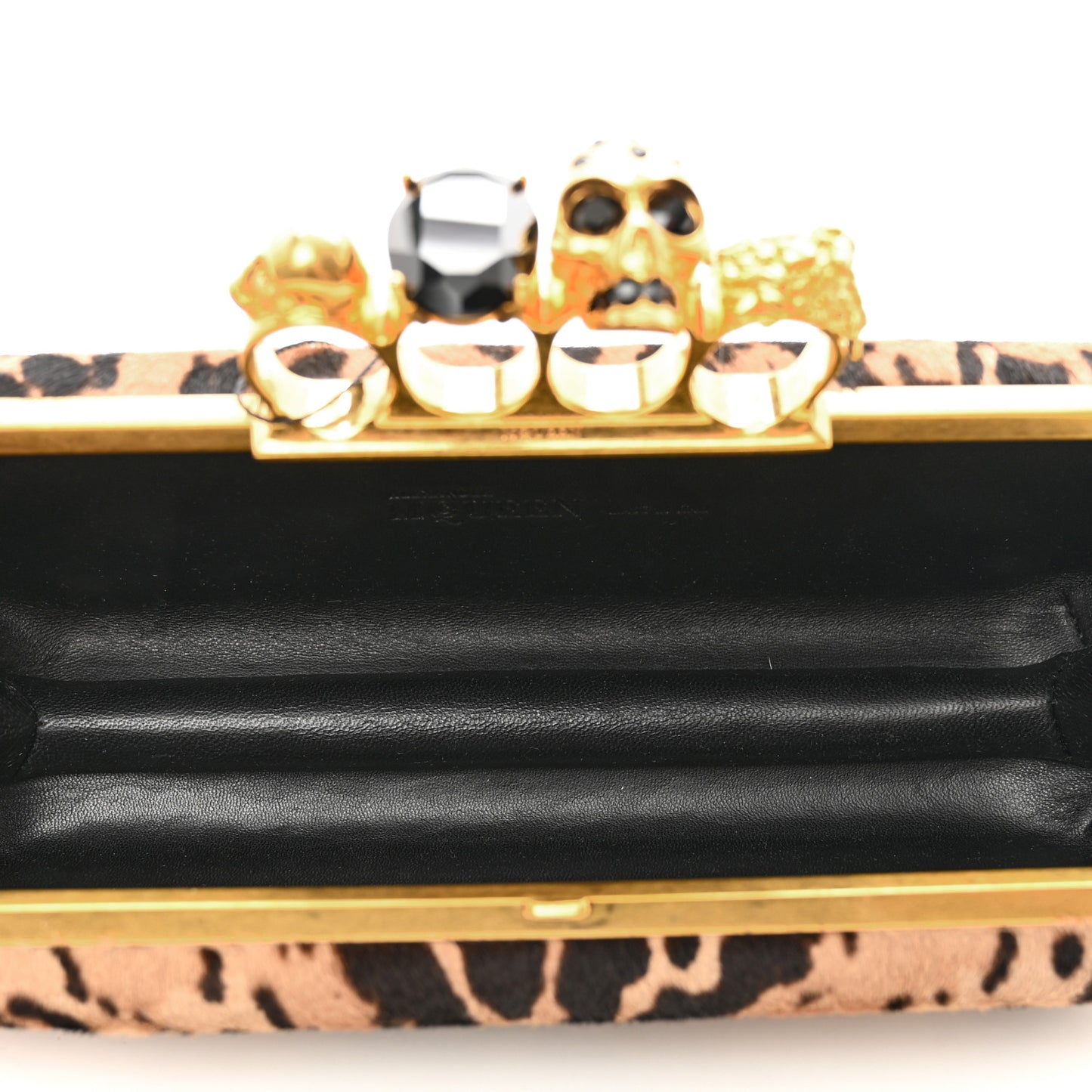 Calf Hair Leopard Print Knuckle Box Clutch Brown Black