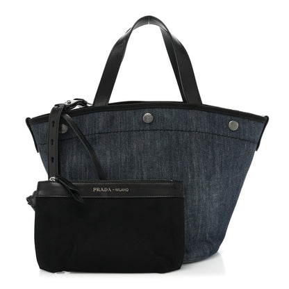 Prada Denim Calfskin Logo Shopping Tote Blue 3 of 17