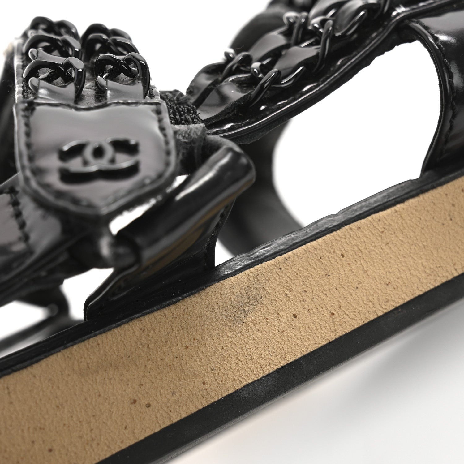 Chanel Laminated Goatskin Chain Sandals 38.5 Black 10 of 12