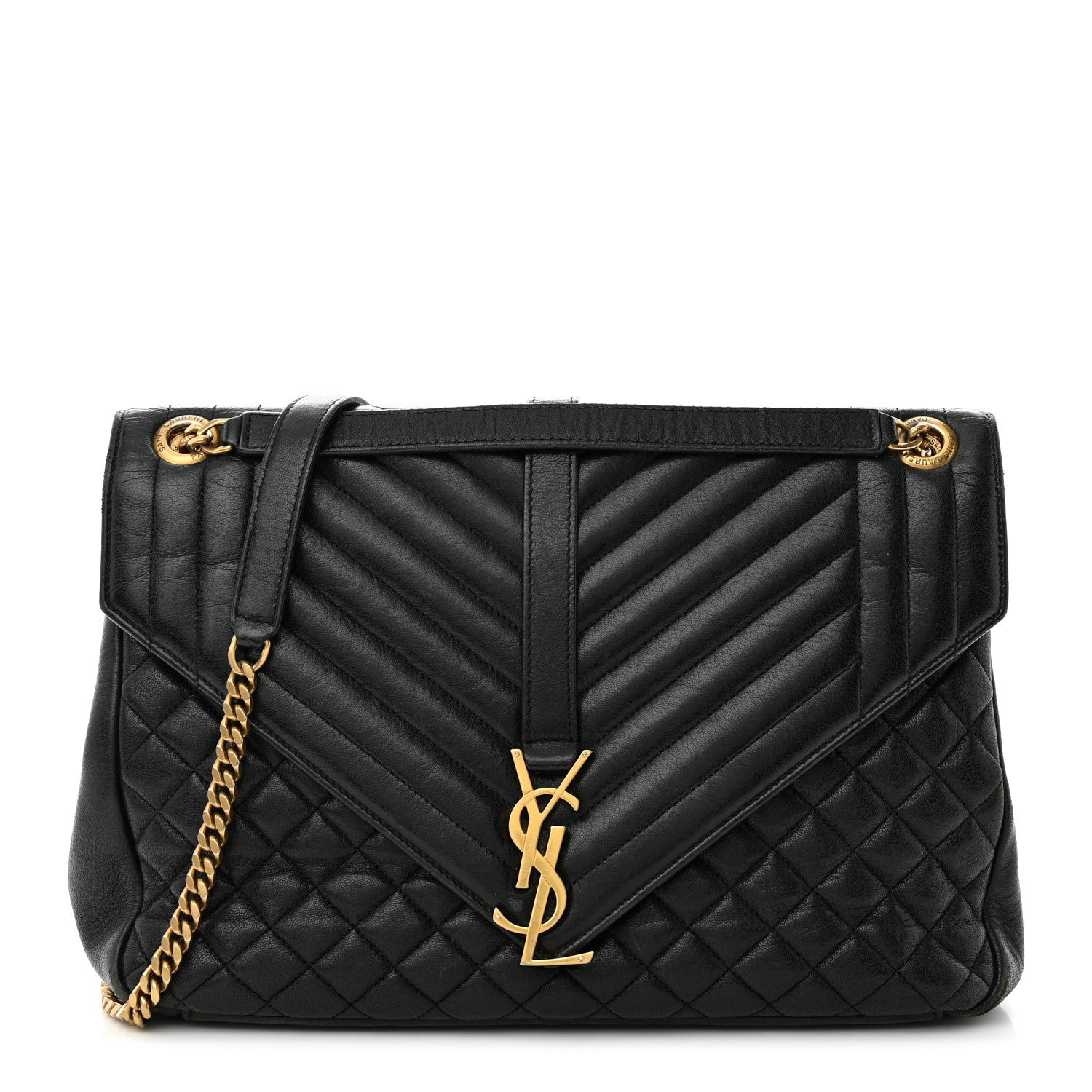 Saint Laurent Calfskin Mixed Matelasse Triquilt Large Monogram Satchel Black 1 of 13