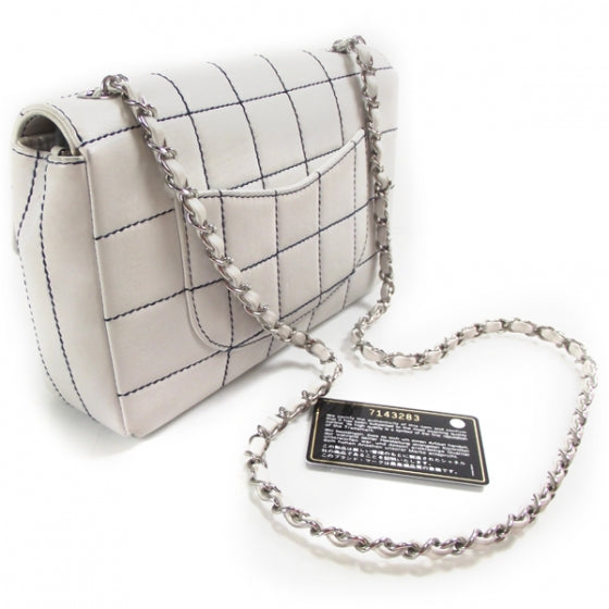Lambskin Contrast Stitch Medium Flap White