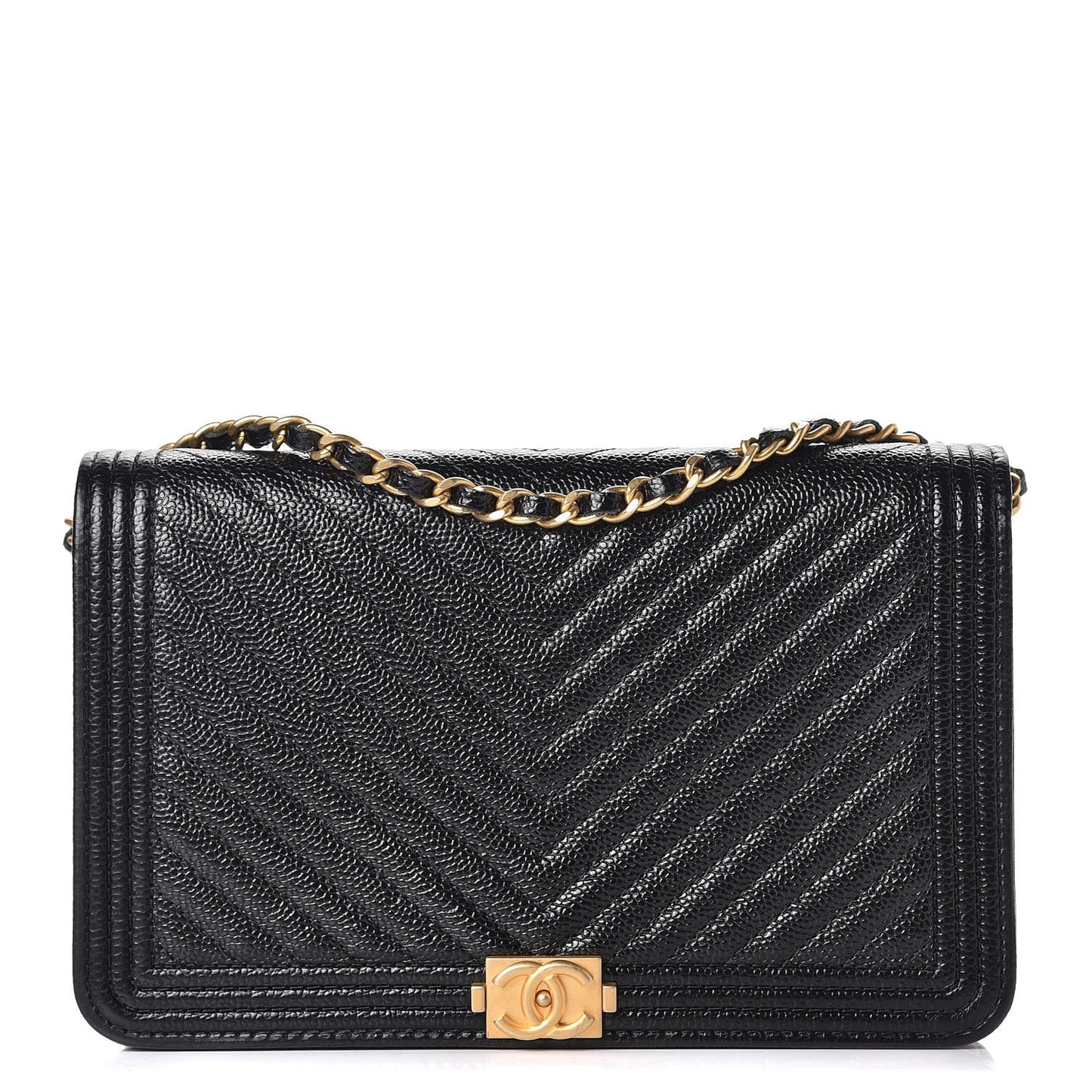Caviar Chevron Quilted Boy Wallet On Chain WOC Black