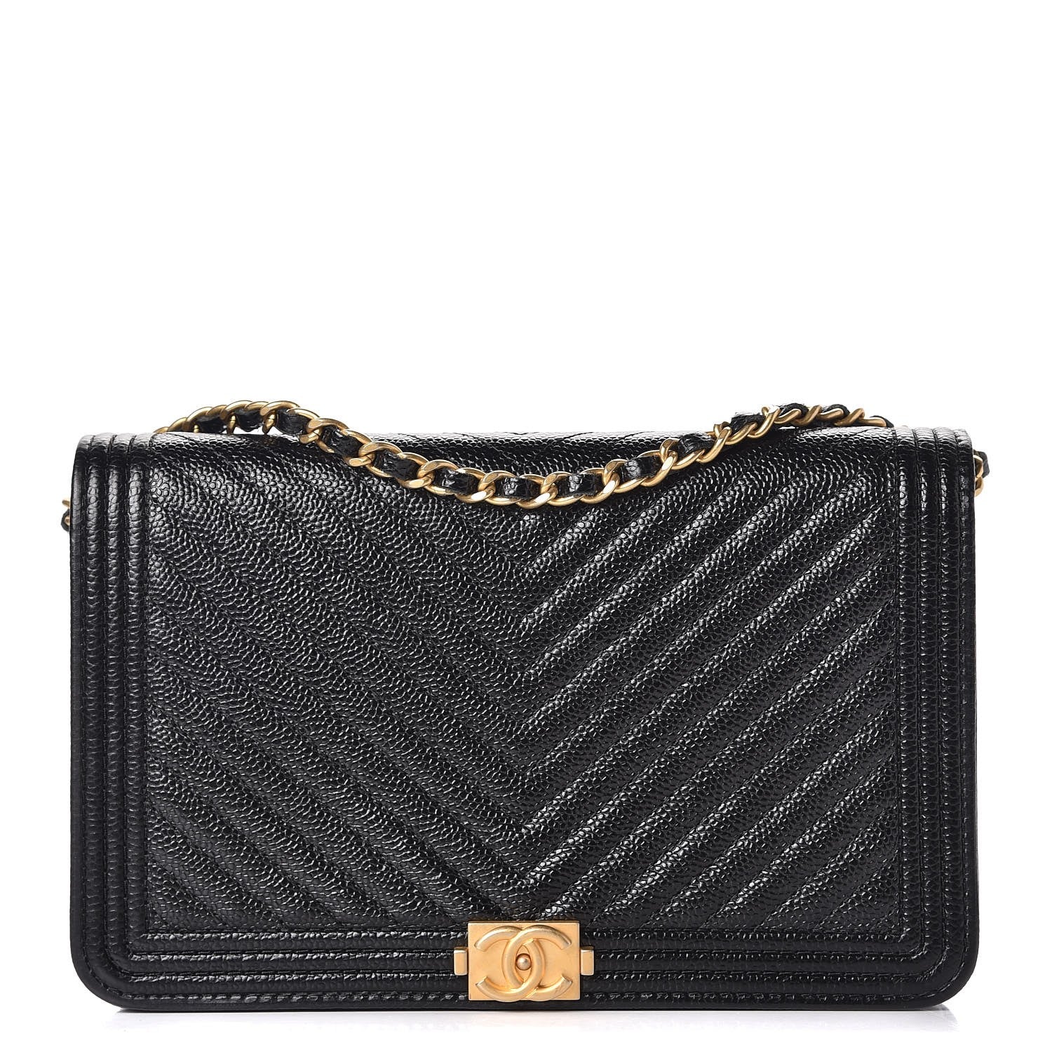Chanel Caviar Chevron Quilted Boy Wallet On Chain WOC Black 1 of 9