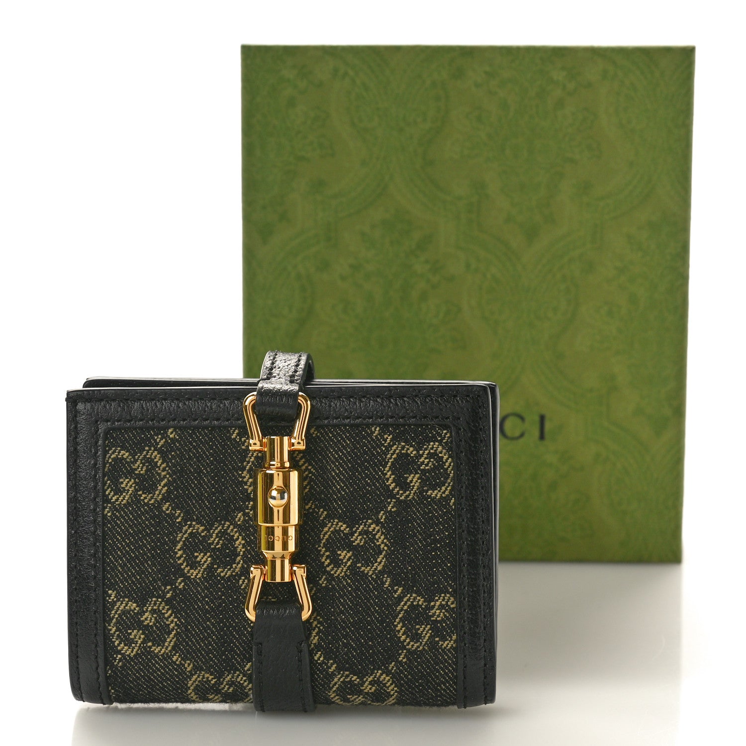 Gucci Jacquard Black Denim GG Monogram Textured Dollar Calfskin Jackie 1961 Card Case Black Ivory 9 of 9