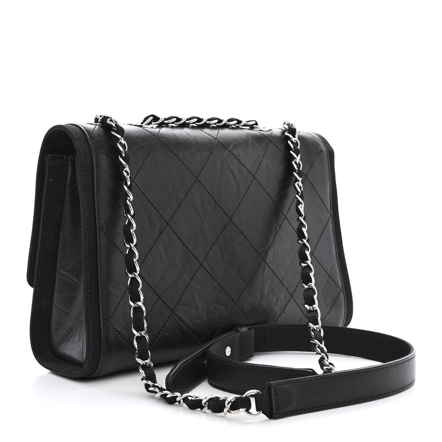 Crumpled Calfskin Flap Bag Black