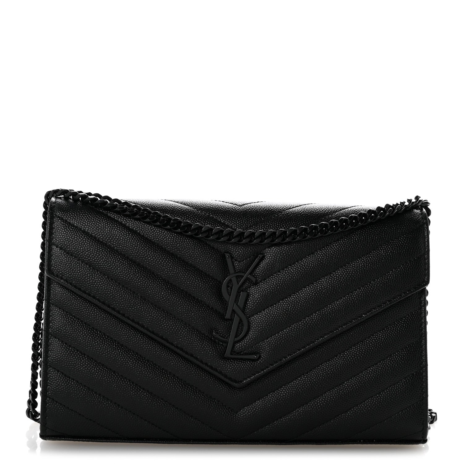 Saint Laurent Grain De Poudre Matelasse Chevron Monogram Monochrome Chain Wallet Black 1 of 12