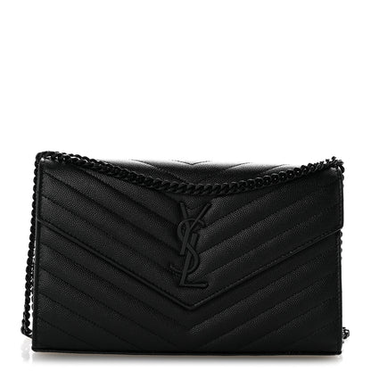 Saint Laurent Grain De Poudre Matelasse Chevron Monogram Monochrome Chain Wallet Black 1 of 12