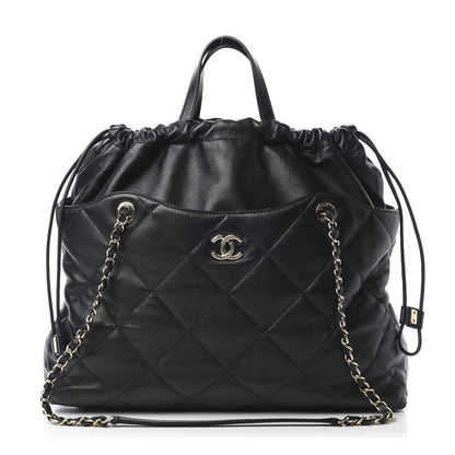 Chanel Lambskin Quilted Drawstring Shopping Bag Black 1 of 14