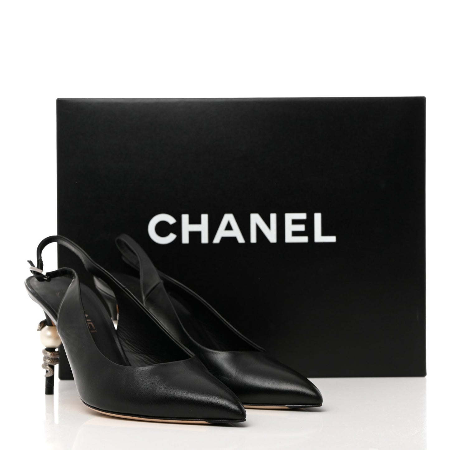 Lambskin Slingback Snake Pearl Heel 39.5 Black