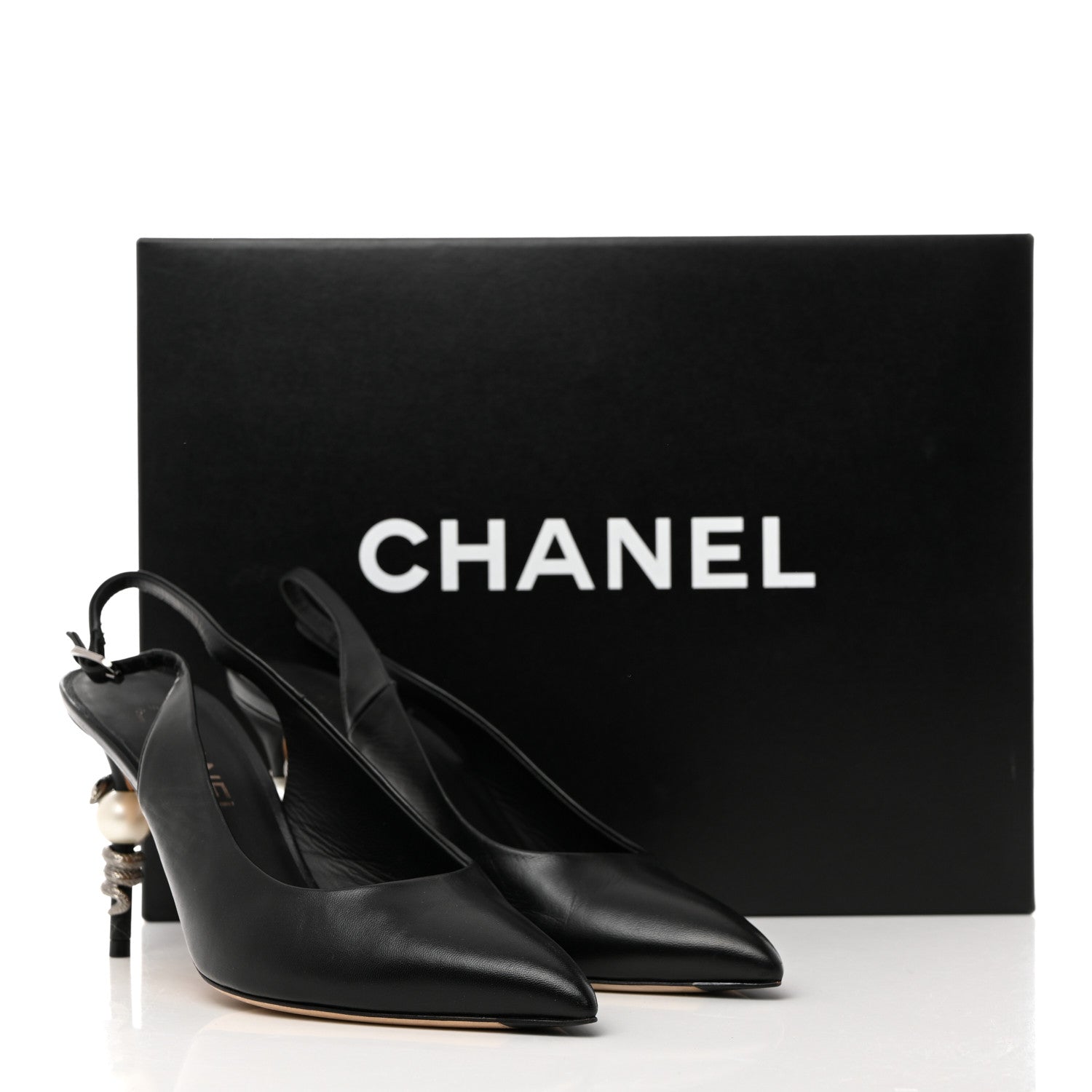 Chanel Lambskin Slingback Snake Pearl Heel 39.5 Black 2 of 10