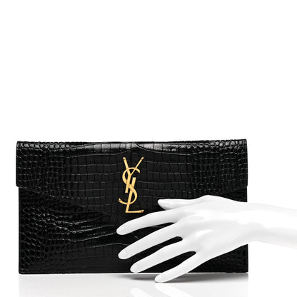 Saint Laurent Calfskin Crocodile Embossed Uptown Monogram Clutch Black 2 of 7