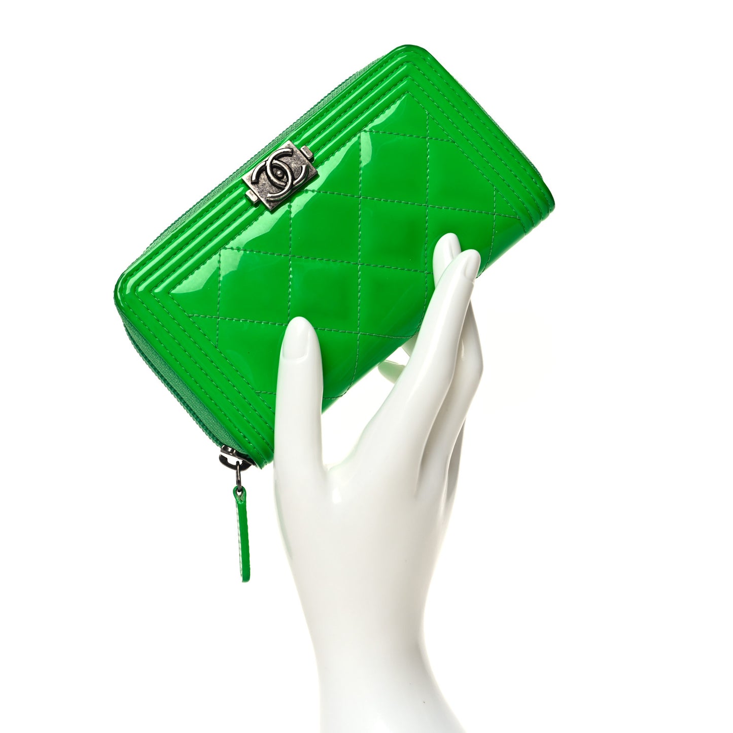 Patent Quilted Small Boy Zip Around Wallet Green
