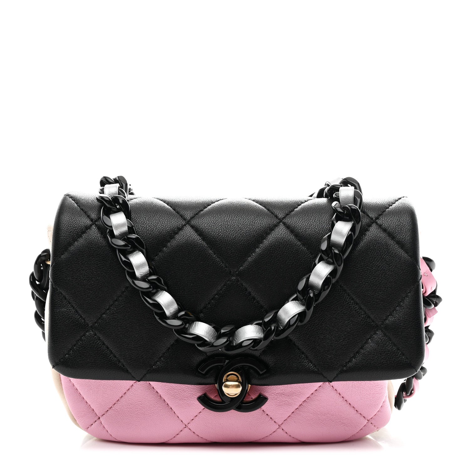 Chanel Lambskin Quilted Mini Lacquered Chain Flap Black Pink Beige