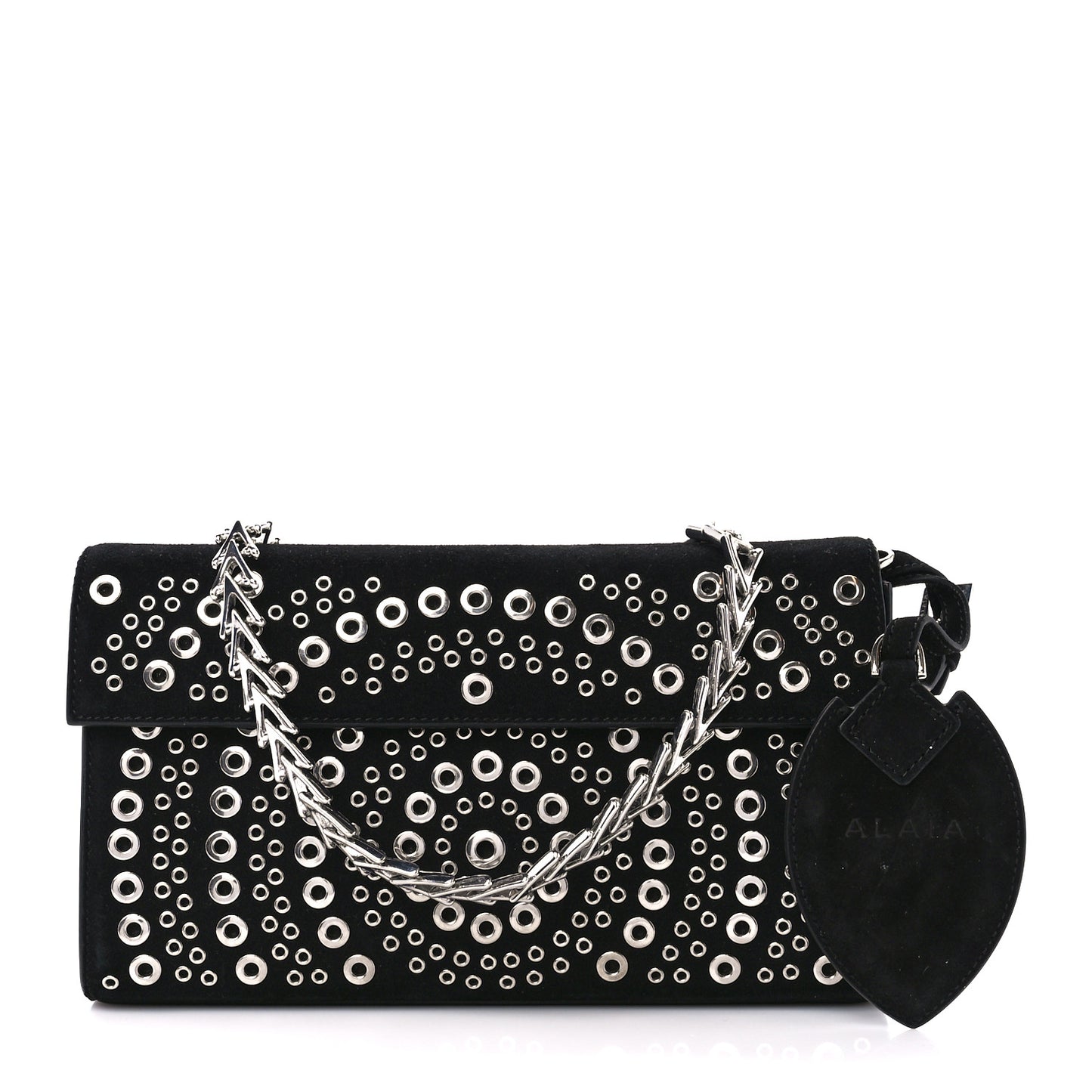 Suede Eyelet Embellished Oeillets Pochette Black