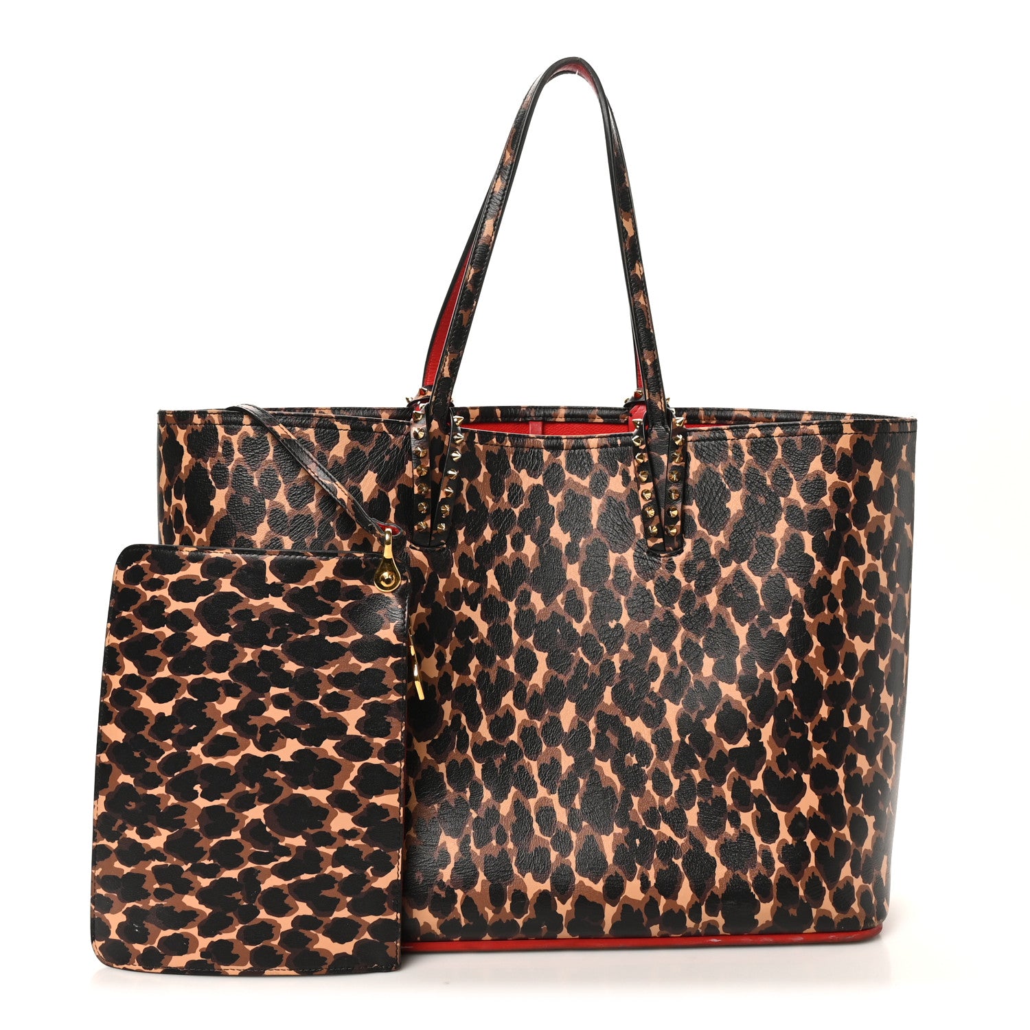 Christian Louboutin Calfskin Leopard Print Spikes East West Cabata Tote Brown 3 of 10