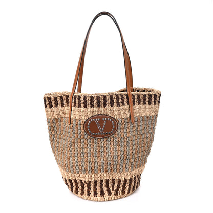Valentino Garavani Raffia Nappa Medium Vlogo Signature Crochet Bucket Bag Beige Multicolor 1 of 11