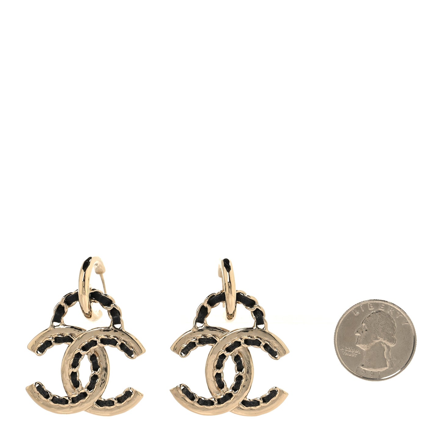 Lambskin Chain CC Drop Earrings Black Gold