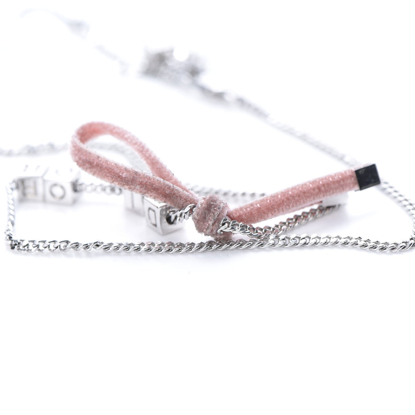 Velvet Bow Block Letter Necklace Silver Pink
