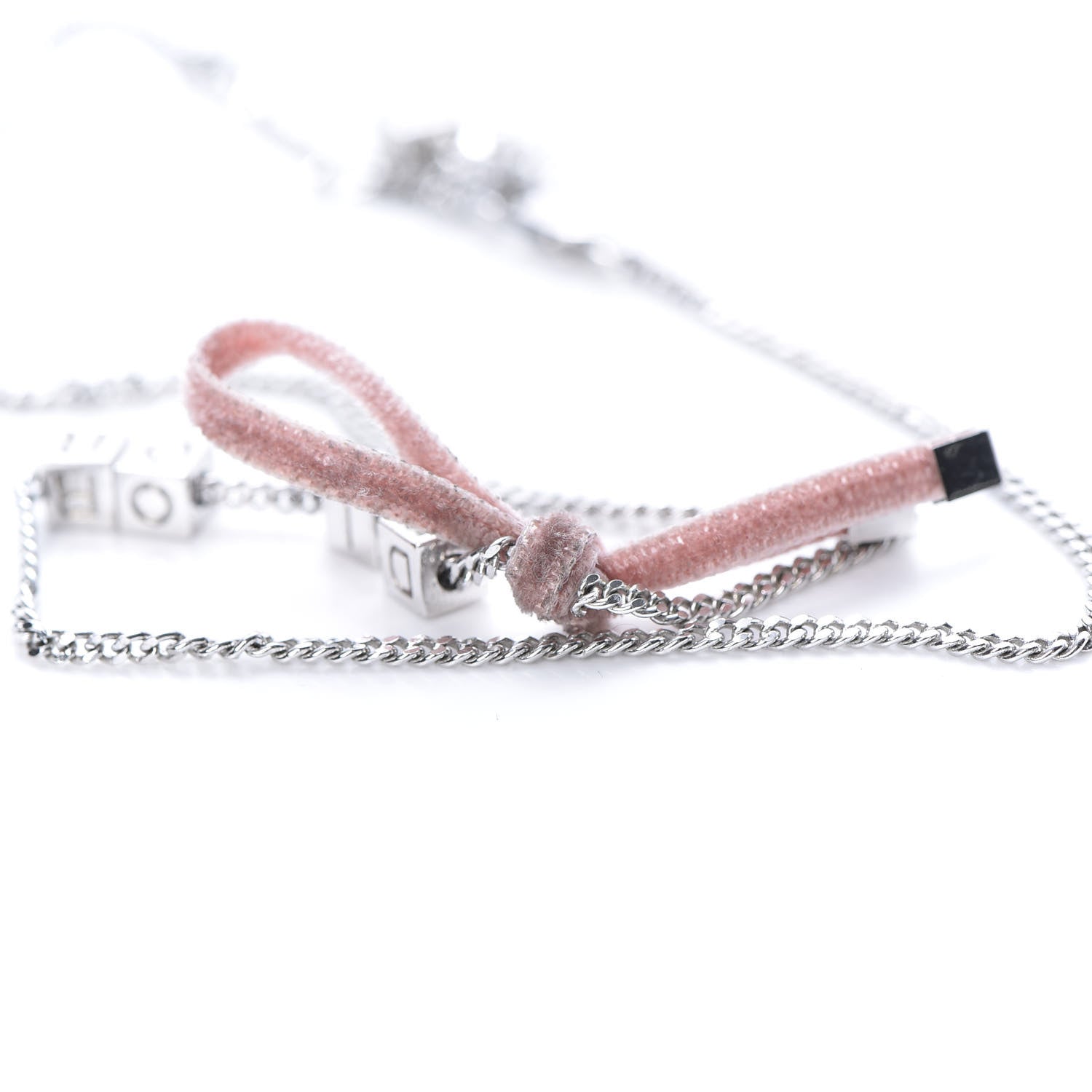 Christian Dior Velvet Bow Block Letter Necklace Silver Pink 5 of 5