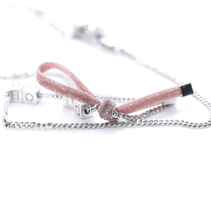 Christian Dior Velvet Bow Block Letter Necklace Silver Pink 5 of 5