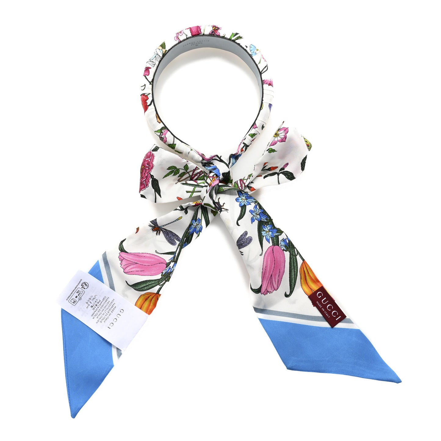 Silk Floral Print Twill Headband White Blue Multicolor