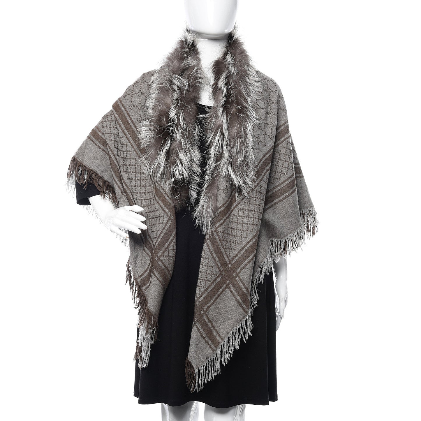 Wool Silk Fox Fur Monogram Shawl Scarf Brown
