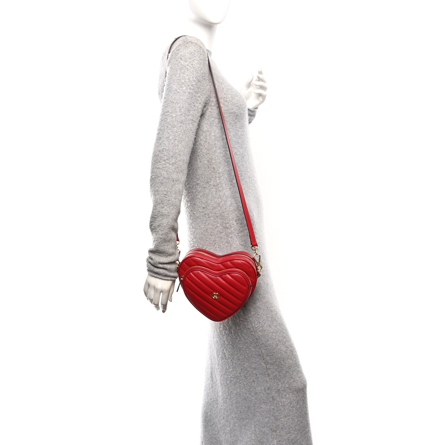 Gucci Calfskin Matelasse Diagonal Mini Interlocking G Heart Shoulder Bag Hibiscus Red 2 of 10