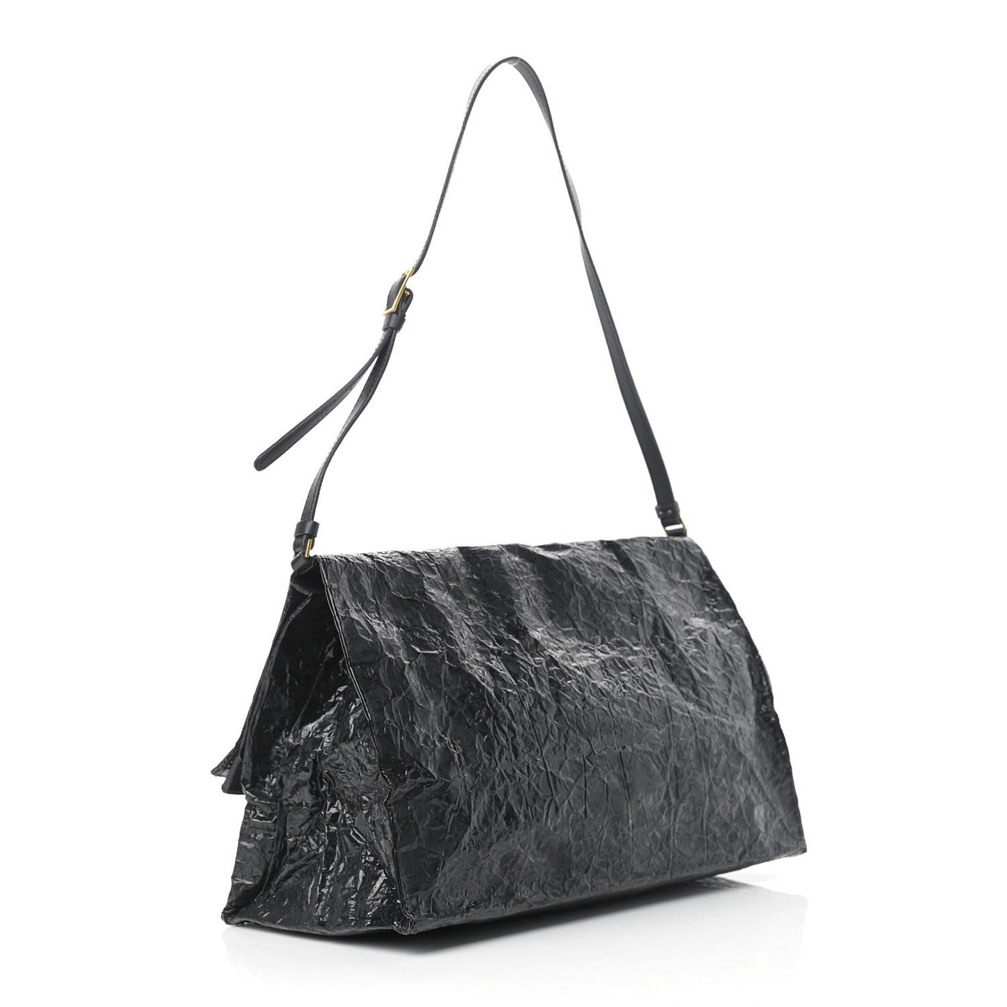 Crinkled Faux Patent Beckett Shoulder Bag Black