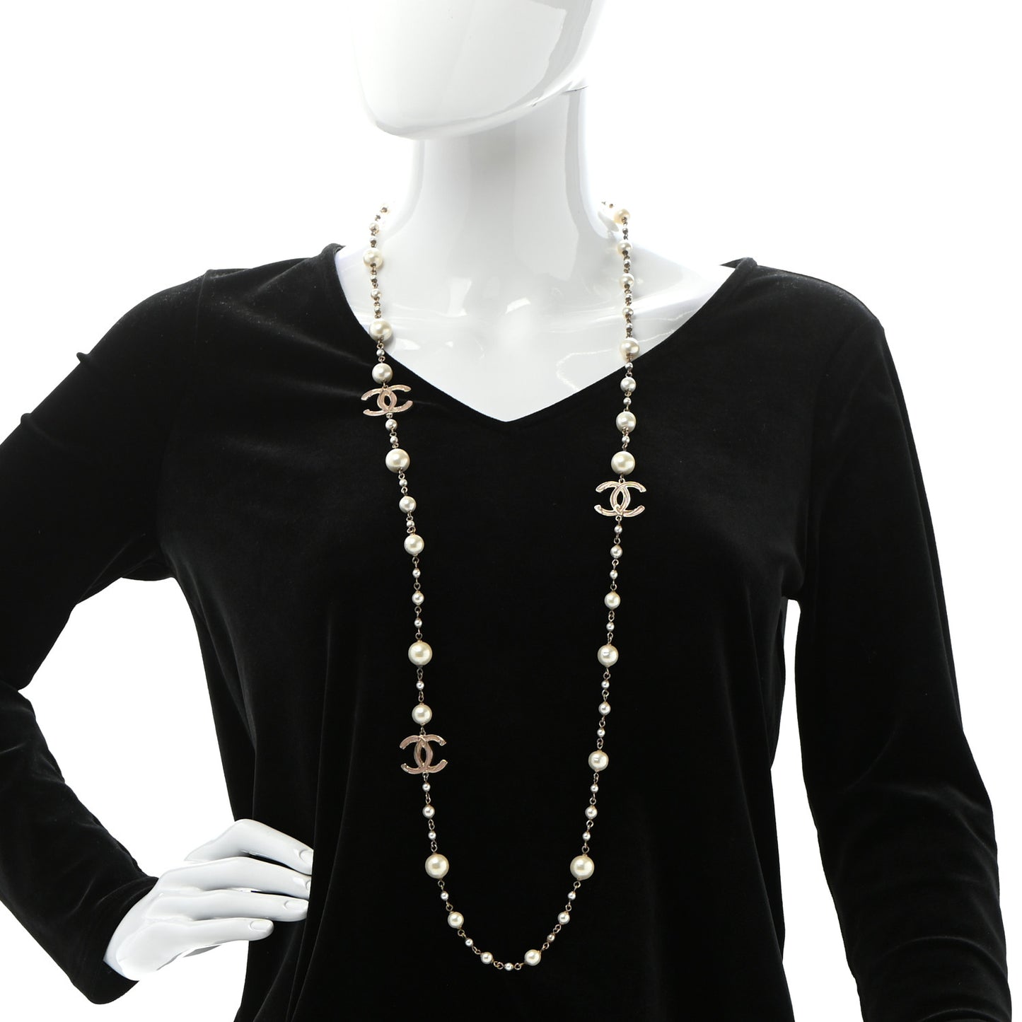 Pearl Enamel CC Long Necklace Gold
