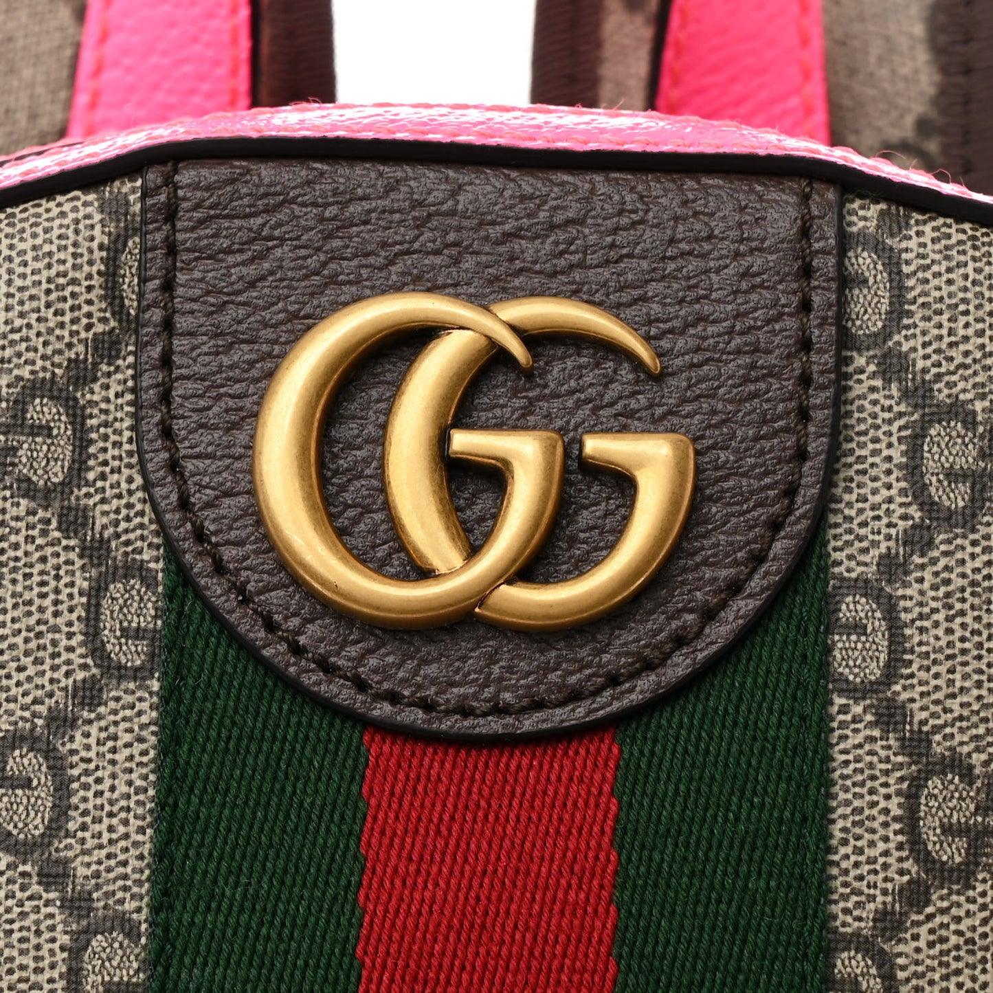 GG Supreme Monogram Textured Dollar Calfskin Web Small Ophidia Day Backpack Beige Ebony Fluorescent Fuchsia