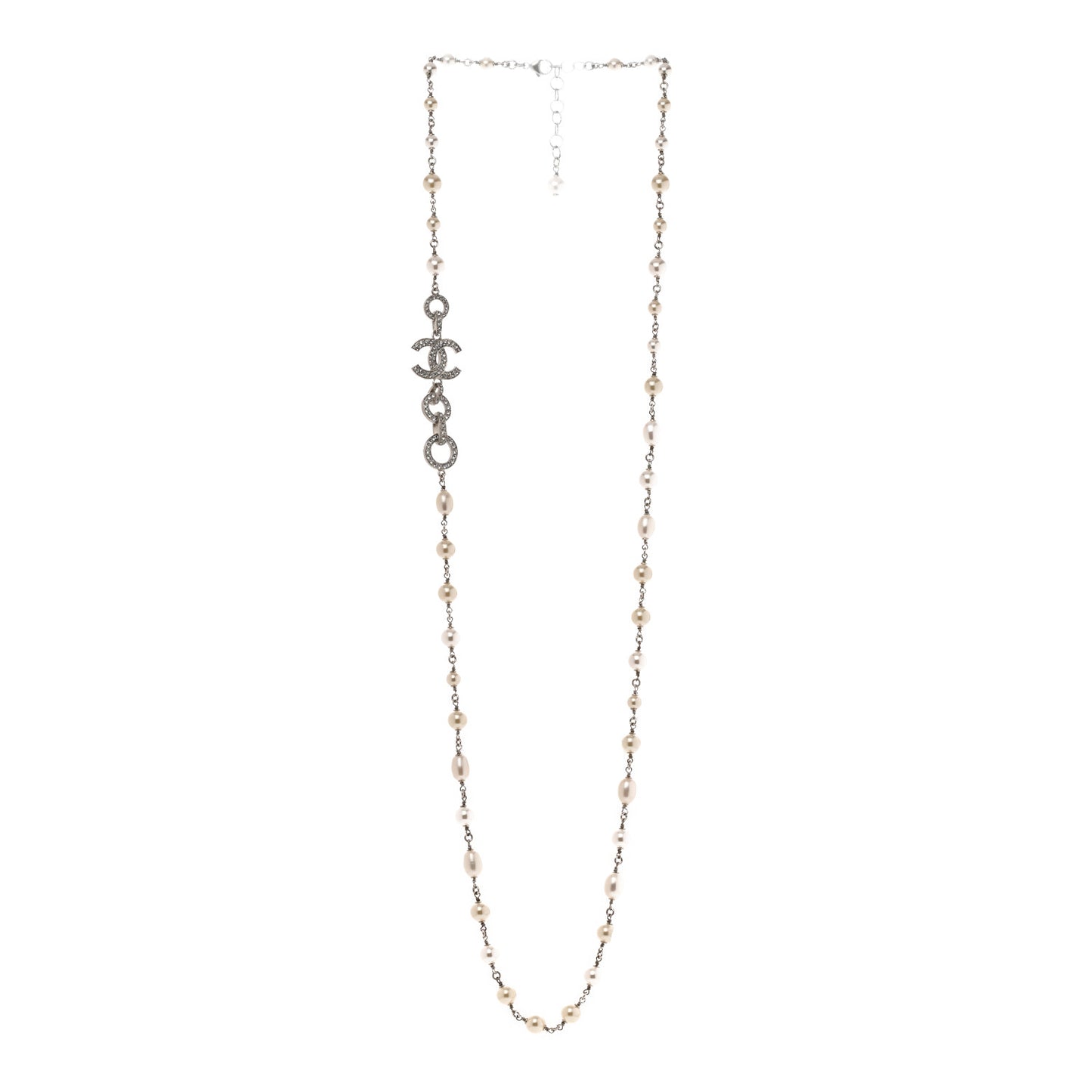 Crystal Pearl CC Long Necklace Silver