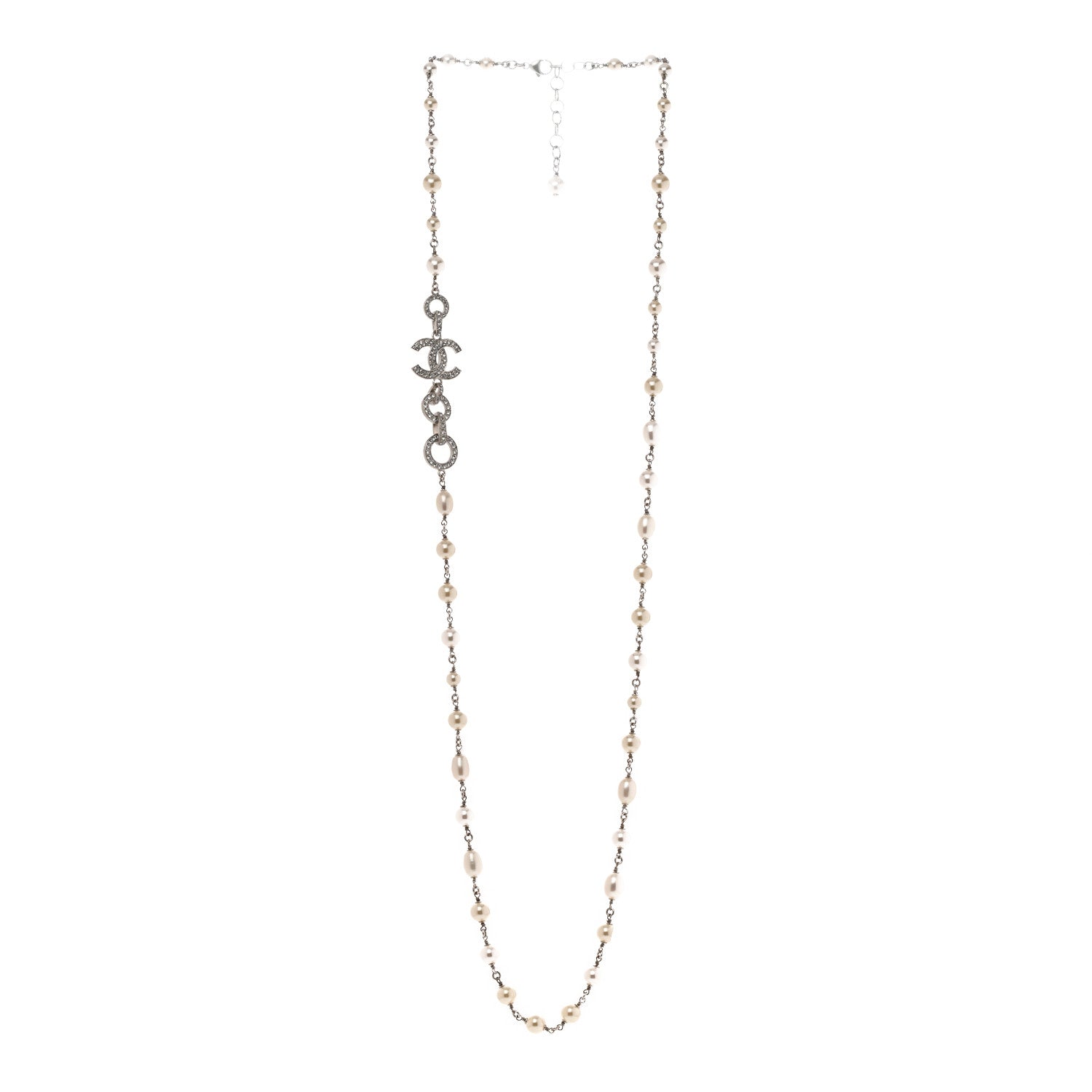 Chanel Crystal Pearl CC Long Necklace Silver 3 of 6