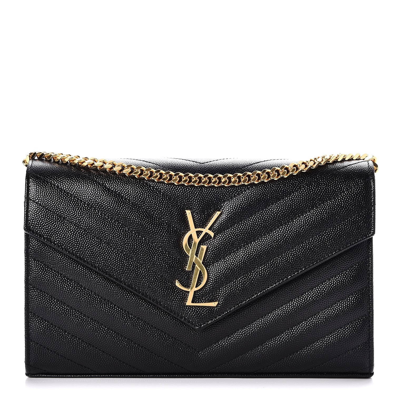 Saint Laurent Grain De Poudre Matelasse Chevron Monogram Chain Wallet Black 1 of 7