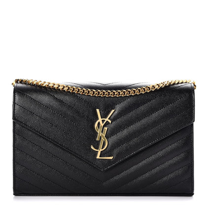 Saint Laurent Grain De Poudre Matelasse Chevron Monogram Chain Wallet Black 1 of 7