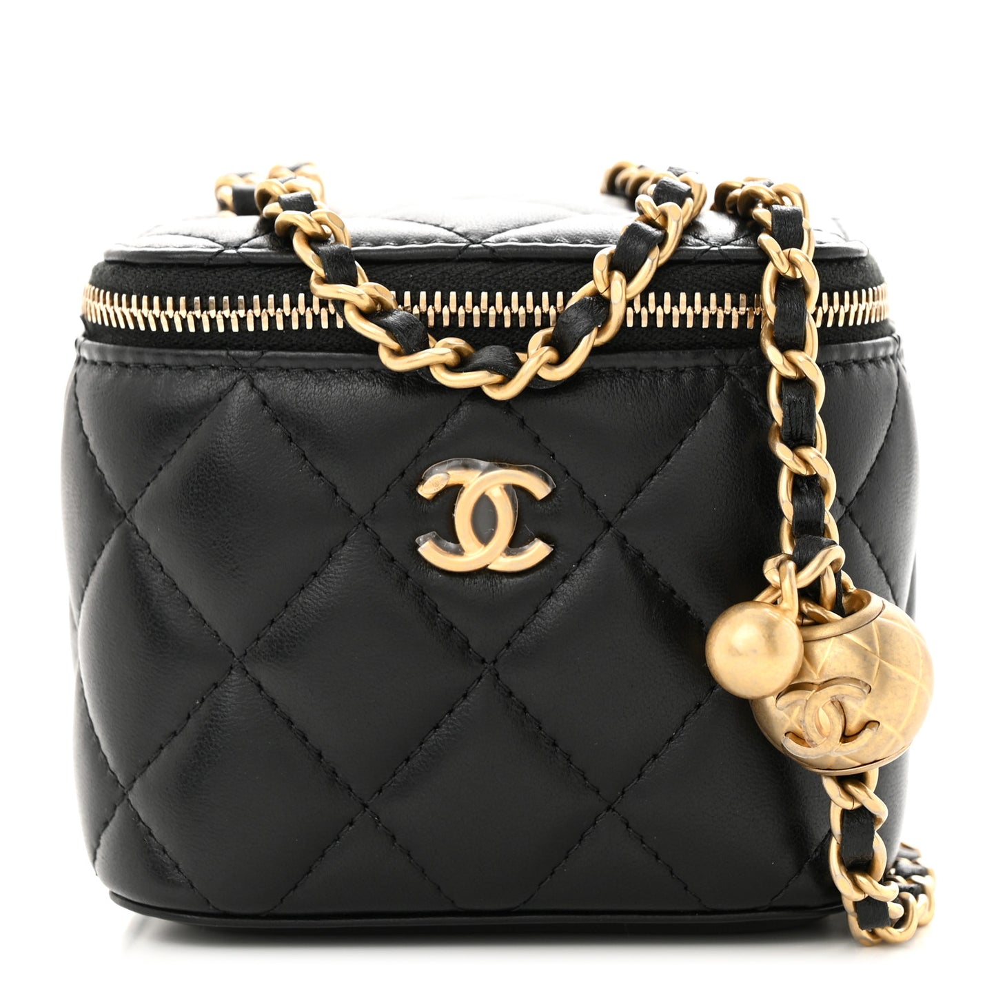 Lambskin Quilted Mini Pearl Crush Vanity Case With Chain Black